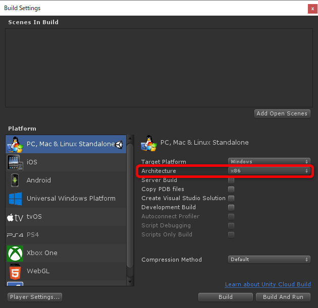 Unityのアーキテクチャがデフォルトのx86