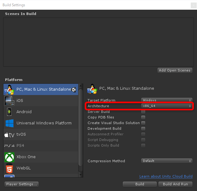 Unityのアーキテクチャをx86_64に変更